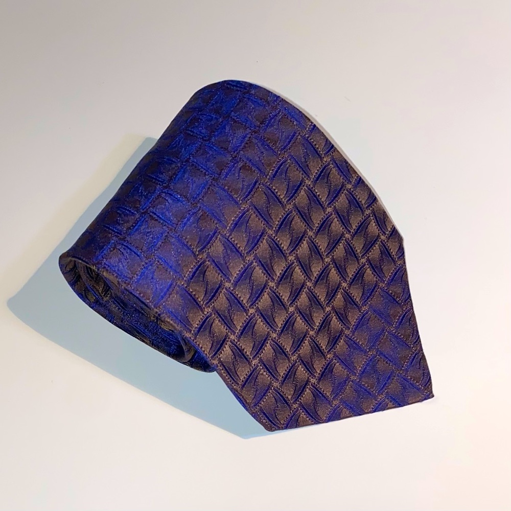 CARLO PALAZZI COUTURE Men’s Necktie Blue/Gold Geometric Design 100% Silk